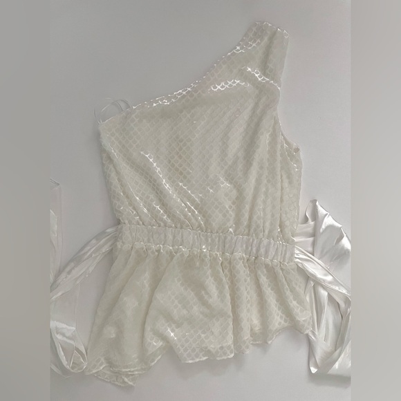 RAMY BROOK Tamar One Shoulder Textured Blouse Ivory scale Satin Ribbon - Picture 3 of 14